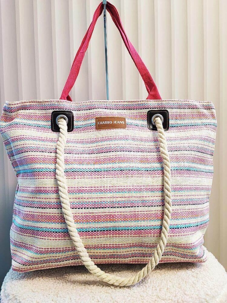 Torba shopper plażowa beżowa z różowym w paski