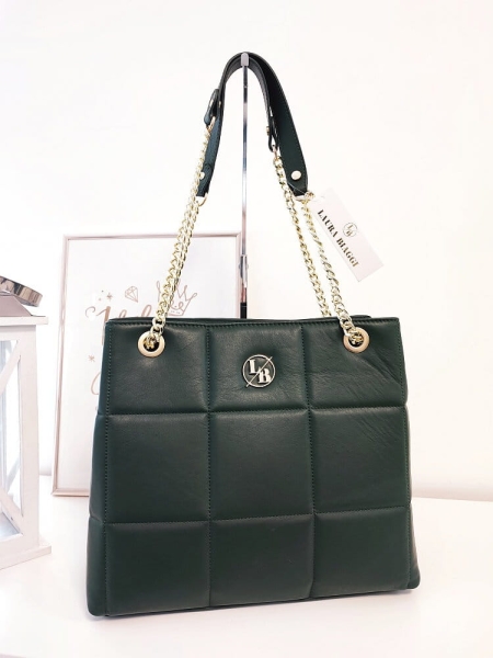 Laura Biaggi torba shopper skórzana butelkowa zieleń pikowana 