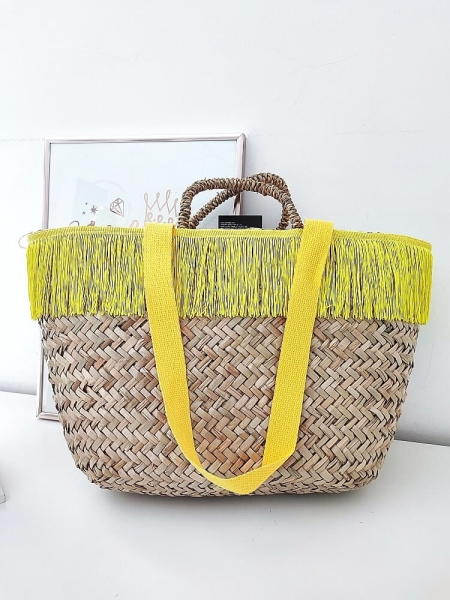 Nobo torba shopper koszyk beżowa frędzle z żółtym