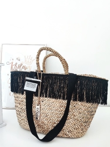 Nobo torba shopper koszyk beżowa frędzle z czarnym