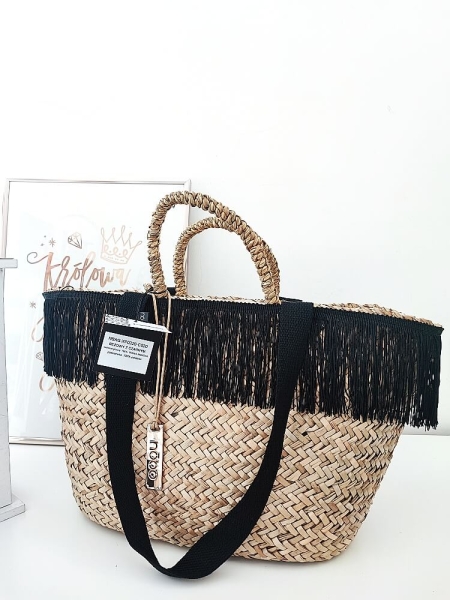 Nobo torba shopper koszyk beżowa frędzle z czarnym