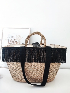 Nobo torba shopper koszyk beżowa frędzle z czarnym