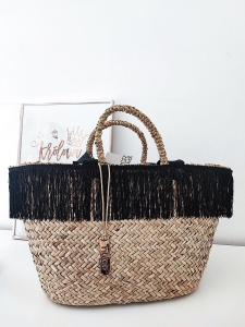 Nobo torba shopper koszyk beżowa frędzle z czarnym
