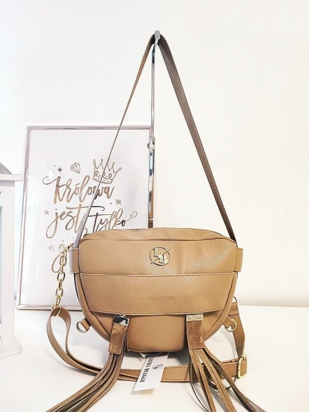 Laura Biaggi torebka listonoszka beżowa półokrągła frędzle