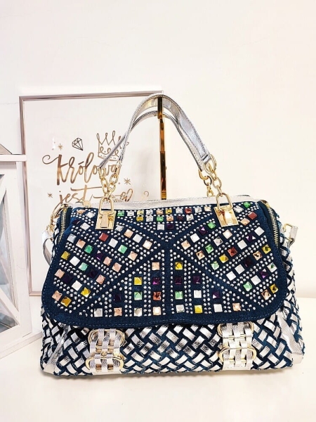 Massimo Contti torebka shopper z klapką kryształki jeans niebieska ze srebrnym