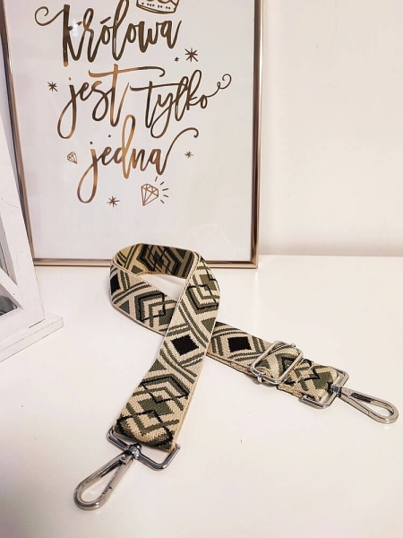 Pasek do torebki beżowo-szary geometryczny ze srebrnym 