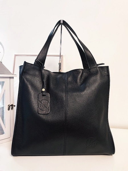 Laura Biaggi skórzana torba shopper czarna z przeszyciem