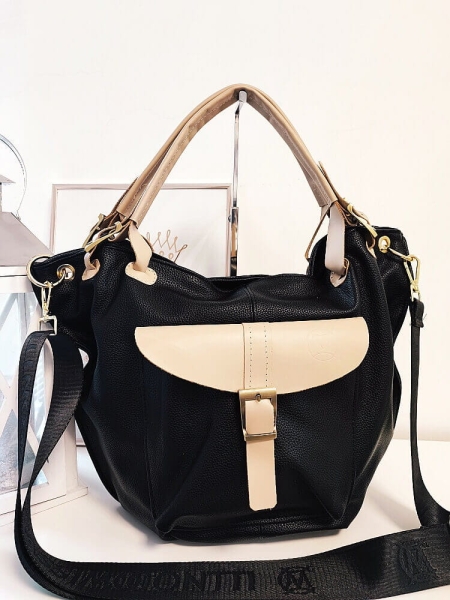Massimo Contti torebka shopper czarna z beżowym z kieszenią