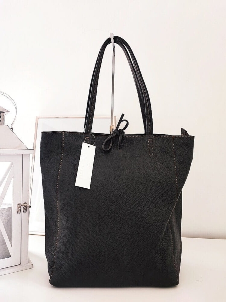 Laura Biaggi skórzana torba shopper brązowa z wiązaniem 