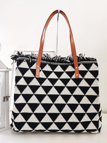 Torba shopper materiałowa na ramię czarna z białym geometryczna