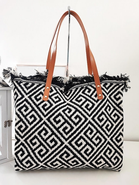 Torba shopper materiałowa na ramię czarna z białym we wzory