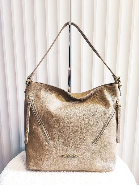 Massimo Contti torebka shopper na ramię skórzana beżowa zip 