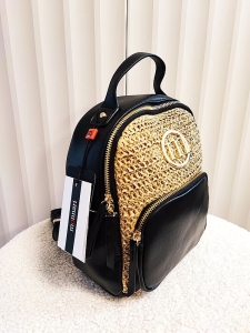 Monnari torebka plecak czarna z beżową plecionką