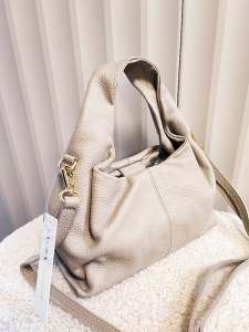 Laura Biaggi torba mini shopper skórzana beżowa z przeszyciem