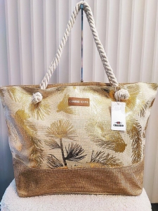 Torba shopper plażowa beżowa ze złotym w liście