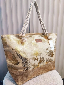 Torba shopper plażowa beżowa ze złotym w liście