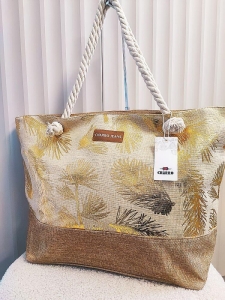 Torba shopper plażowa beżowa ze złotym w liście