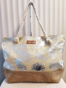 Torba shopper plażowa beżowa ze srebrnym w liście