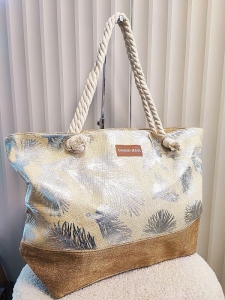 Torba shopper plażowa beżowa ze srebrnym w liście