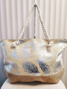 Torba shopper plażowa beżowa ze srebrnym w liście