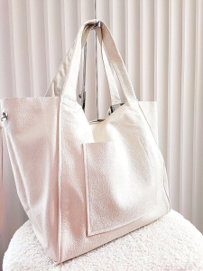 Laura Biaggi torba shopper skórzana beżowa z kieszenią