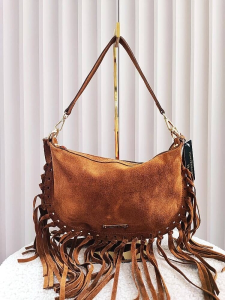 Massimo Contti torebka listonoszka camelowa zamszowa frędzle