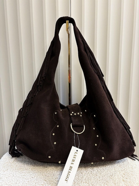 Laura Biaggi torba shopper zamszowa czekoladowa frędzle ćwieki