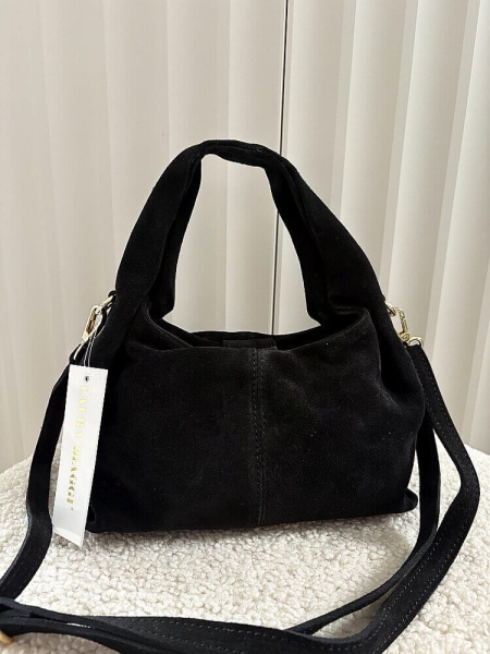 Laura Biaggi torba mini shopper zamszowa czarna z przeszyciem