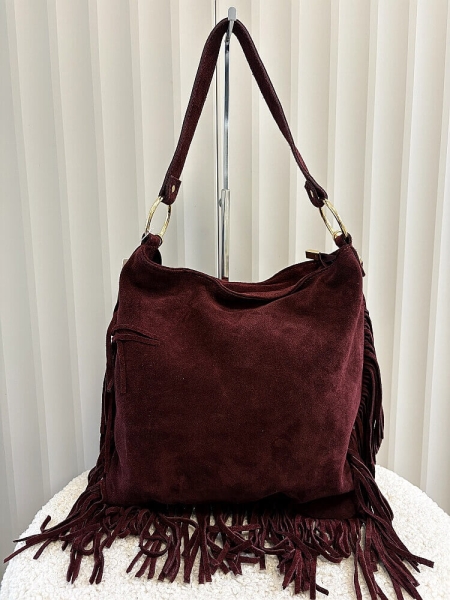 Laura Biaggi torebka listonoszka na ramię zamszowa bordowa frędzle