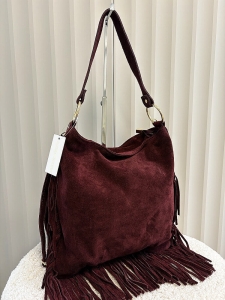 Laura Biaggi torebka listonoszka na ramię zamszowa bordowa frędzle