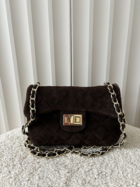 Borse in Pelle listonoszka zamszowa czekoladowa pikowana z łańcuszkiem