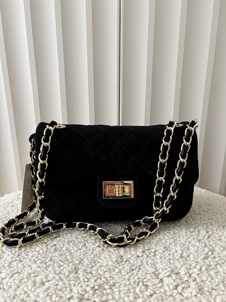 Borse in Pelle listonoszka zamszowa czarna pikowana z łańcuszkiem