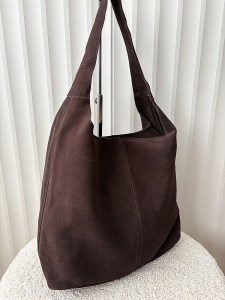 Torebka shopper na ramię zamszowa czekoladowa z przeszyciem