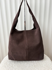 Torebka shopper na ramię zamszowa czekoladowa z przeszyciem