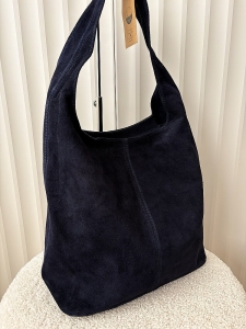 Torebka shopper na ramię zamszowa granatowa z przeszyciem