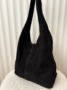 Torebka shopper na ramię zamszowa czarna z przeszyciem