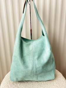 Torebka shopper na ramię zamszowa miętowa z przeszyciem