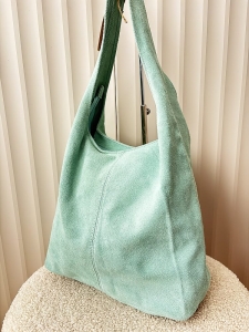 Torebka shopper na ramię zamszowa miętowa z przeszyciem