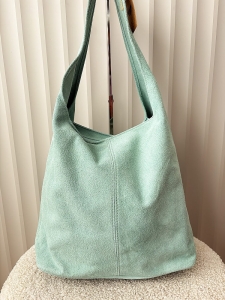 Torebka shopper na ramię zamszowa miętowa z przeszyciem