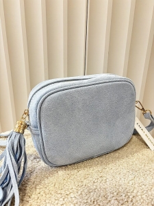 Laura Biaggi torebka kuferek zamszowy niebieska z frędzlem