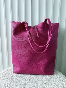 Laura Biaggi skórzana torba shopper fuksja z wiązaniem