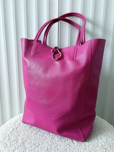 Laura Biaggi skórzana torba shopper fuksja z wiązaniem