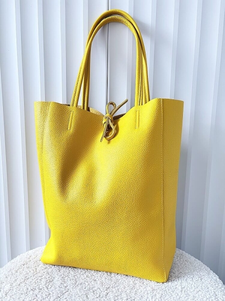 Laura Biaggi skórzana torba shopper żółta z wiązaniem