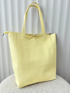 Laura Biaggi skórzana torba shopper jasnożółta z wiązaniem