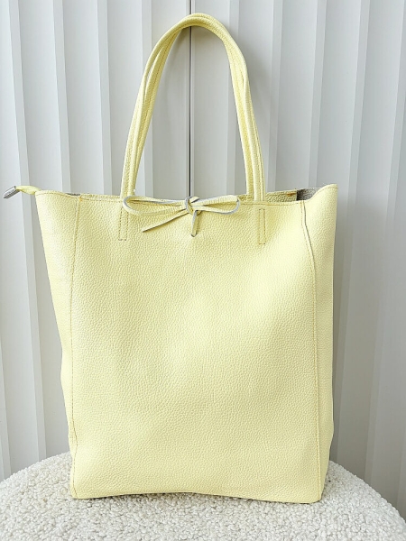 Laura Biaggi skórzana torba shopper jasnożółta z wiązaniem