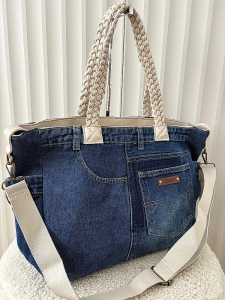 Maxfly torebka shopper jeans niebieska z beżowym