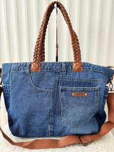 Maxfly torebka shopper jeans niebieska z brązowym