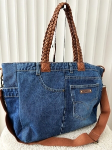 Maxfly torebka shopper jeans niebieska z brązowym