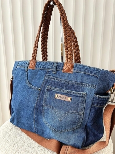 Maxfly torebka shopper jeans niebieska z brązowym