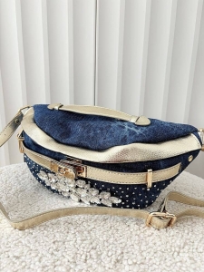 Massimo Contti torebka nerka jeans niebieska ze złotym kryształki